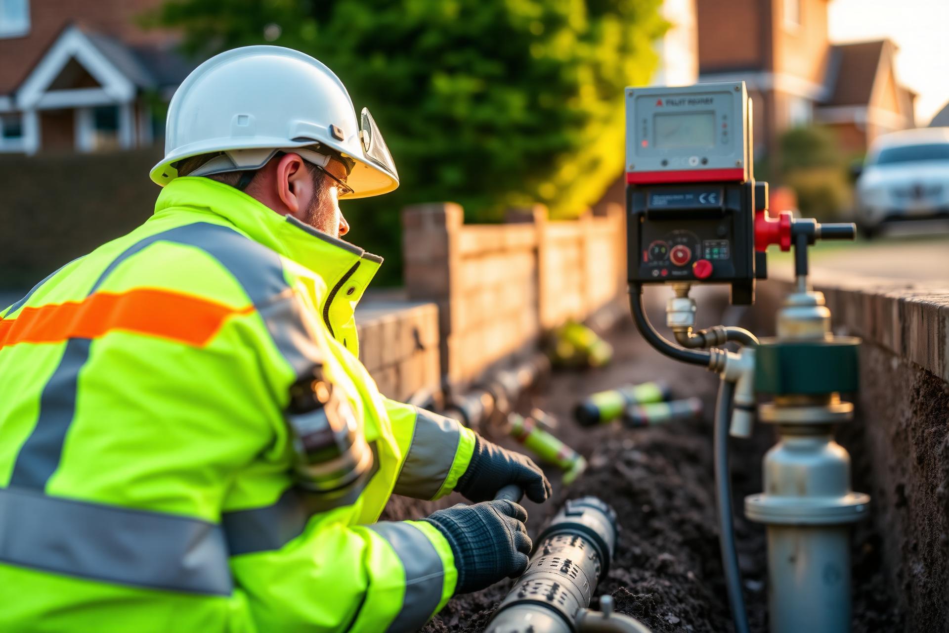 Gas engineer installing a new service connection at a UK home